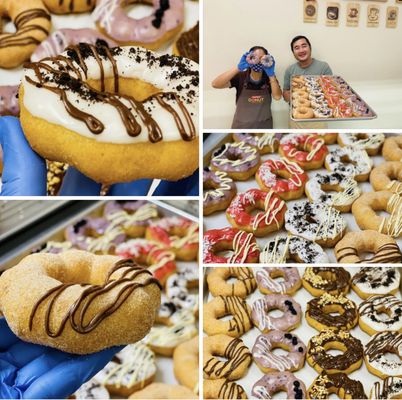 A four-photo collage of mochi and cake donuts being decorated and trayed